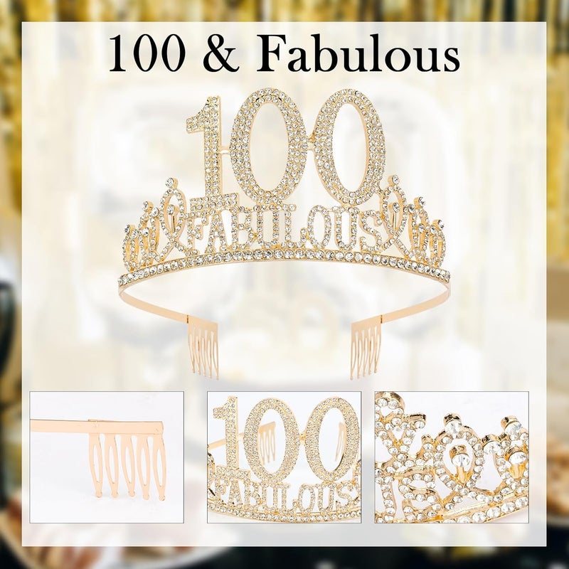 Hapdoo 100th Birthday Decorations for Women, 100th Birthday Sash & Tiara Set, Happy 100 Fabulous Decorations Crown for Women - Image 5